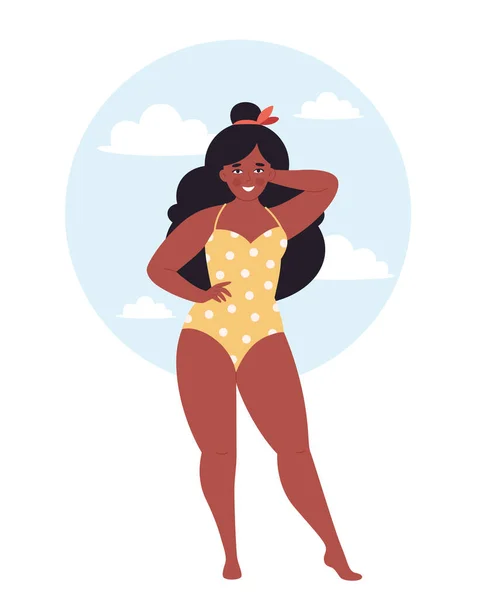 Attraktive Übergewichtige Schwarze Frau Badeanzug Auf Tropischen Blättern Hintergrund Hallo — Stockvektor