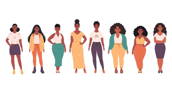 Farklı Vücut Tipleri Saç Stilleri Yaşları Olan Siyah Kadınlar Modern — Stok Vektör