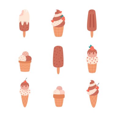 Chocolate and vanilla ice cream collection. Ice cream cone, ice lolly, ice cream in cup. Summertime, hello summer. Vector illustration