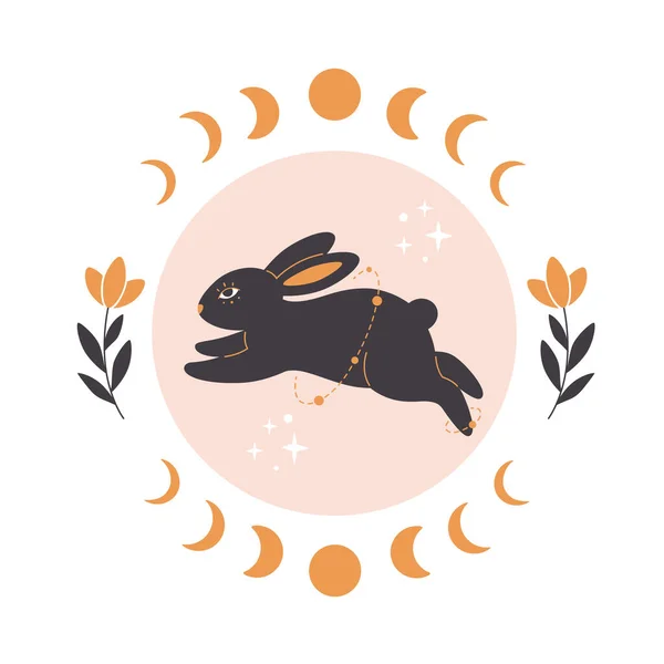 Cute Rabbit Astrology Botany Esoteric Elements Year Rabbit 2023 Vector — Vetor de Stock
