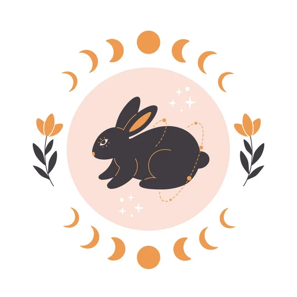 Cute Rabbit Astrology Botany Esoteric Elements Year Rabbit 2023 Vector — Archivo Imágenes Vectoriales