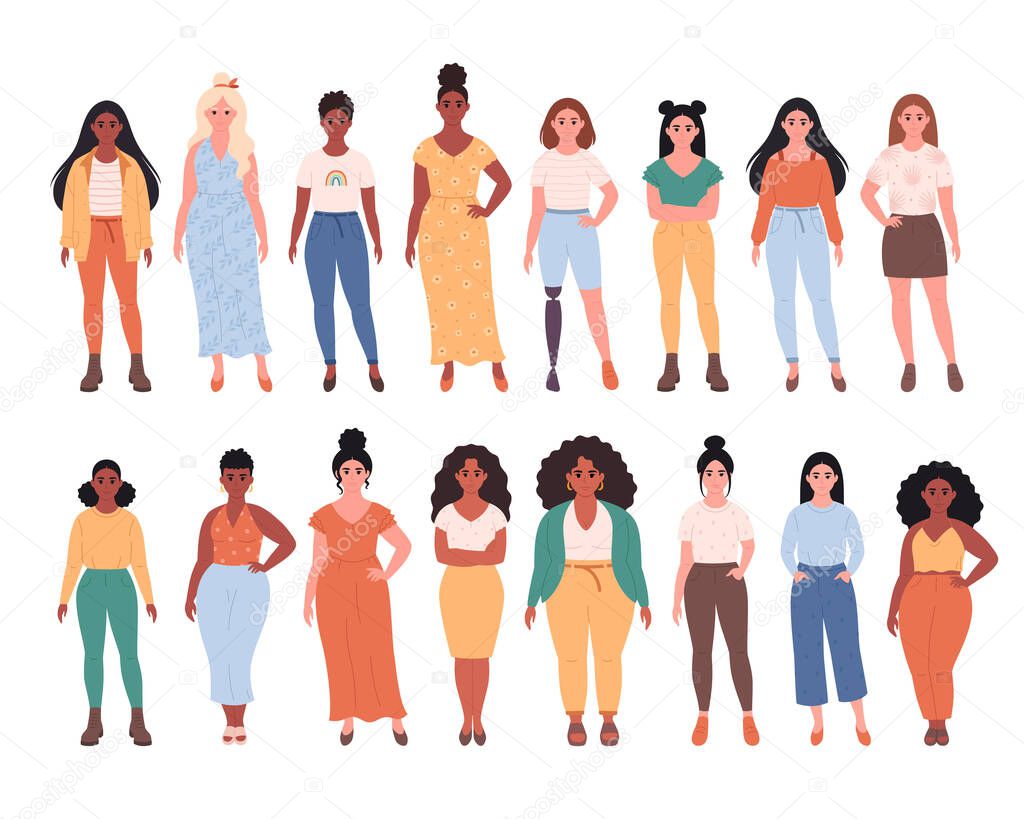 Women of different races, body types, hairstyles. Social diversity of people in modern society. Woman with physical disability. Fasionable casual outfit.Vector illustration
