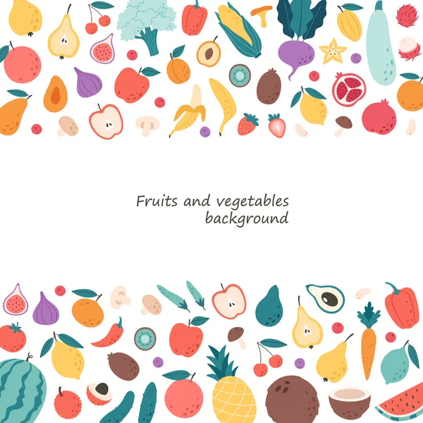 Fondo Verduras Frutas Bayas Champiñones Nutrición Orgánica Natural Alimentos Saludables — Vector de stock