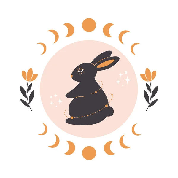 Cute Rabbit Astrology Botany Esoteric Elements Year Rabbit 2023 Vector — Vetor de Stock