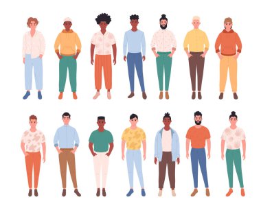 Men of different races, body types, hairstyles. Social diversity of people in modern society. Fashionable casual outfit. Vector illustration