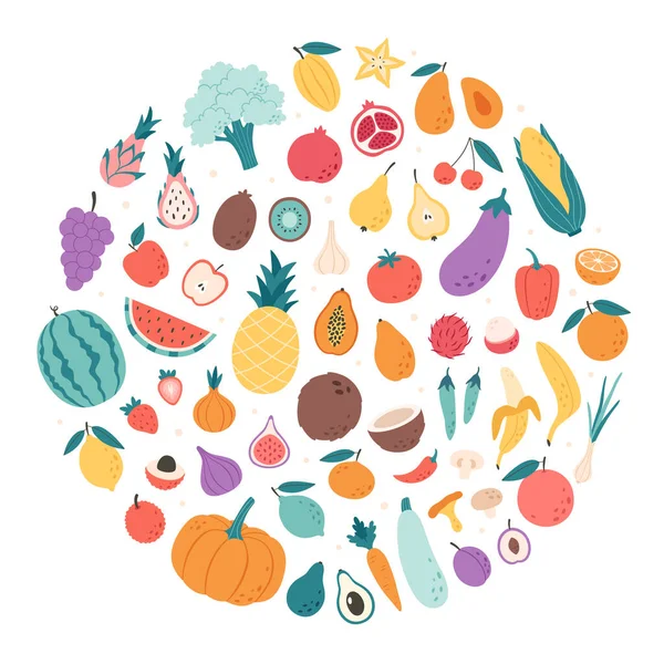 Kolekcja Warzyw Owoców Jagód Grzybów Naturalne Organiczne Odżywianie Zdrowa Żywność — Wektor stockowy