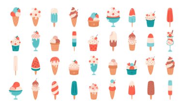 Ice cream big set. Ice cream cone with different flavors, ice lolly, ice cream in glass. Summertime, hello summer. Vector illustration