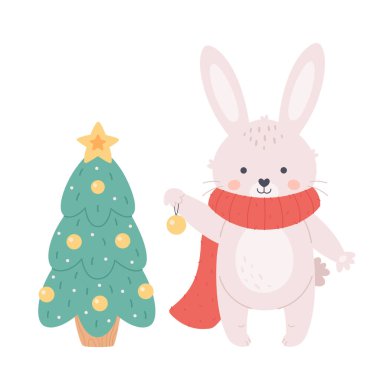Cute white bunny decorating a Christmas tree. Merry Christmas and Happy New Year. Vector illustration