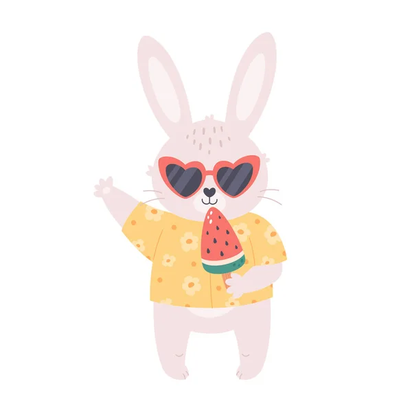 Cute White Bunny Glasses Watermelon Ice Cream Waving Hand Hello — Vector de stock