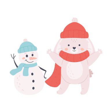 Cute white bunny in knitted scarf and hat with snowman. Winter time. New Year. Year of the Rabbit. Vector illustration