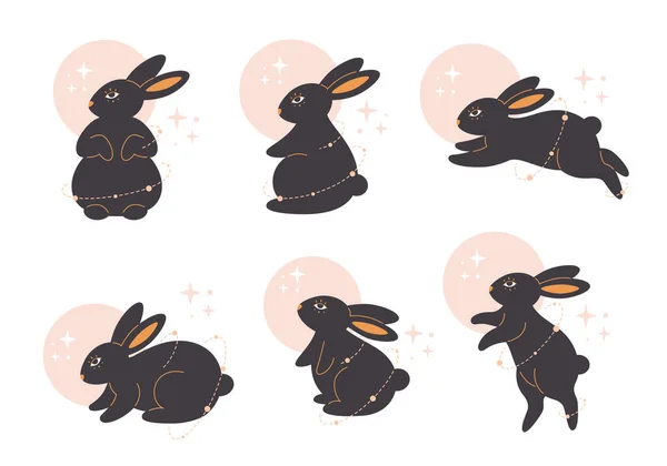 Cute Bunnies Astrological Elements Magician Rabbits Year Rabbit Vector Illustration — Archivo Imágenes Vectoriales