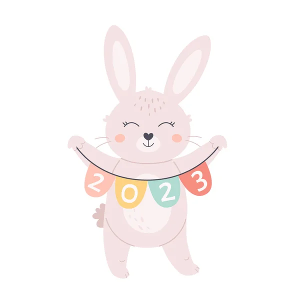 Cute White Bunny Wishes Happy New Year 2023 Year Rabbit — Archivo Imágenes Vectoriales