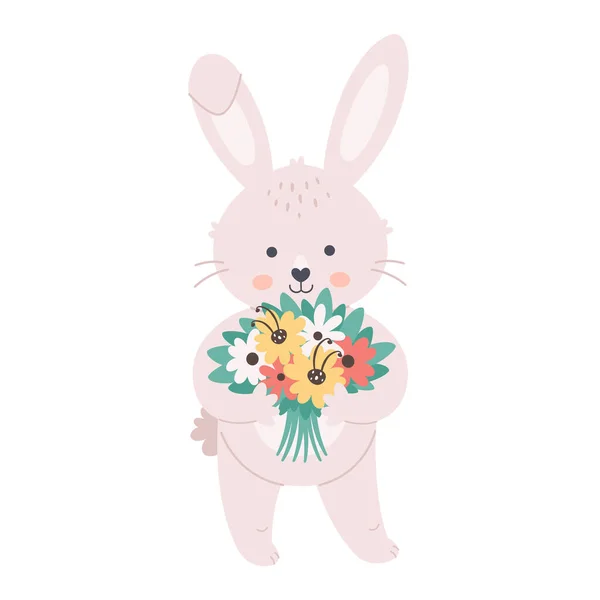 Cute White Bunny Bouquet Flowers Hello Spring Spring Time Spring — Stock Vector