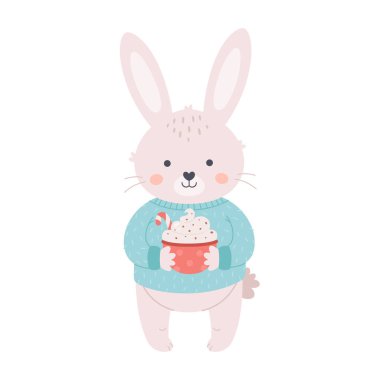 Cute bunny in sweater with coffee cup or Christmas drink. Merry Christmas and Happy New Year. Year of the Rabbit. Hand drawn vector illustration