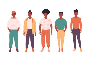 Group of black young men. African american guys. Fashionable casual outfit. Hand drawn vector illustration