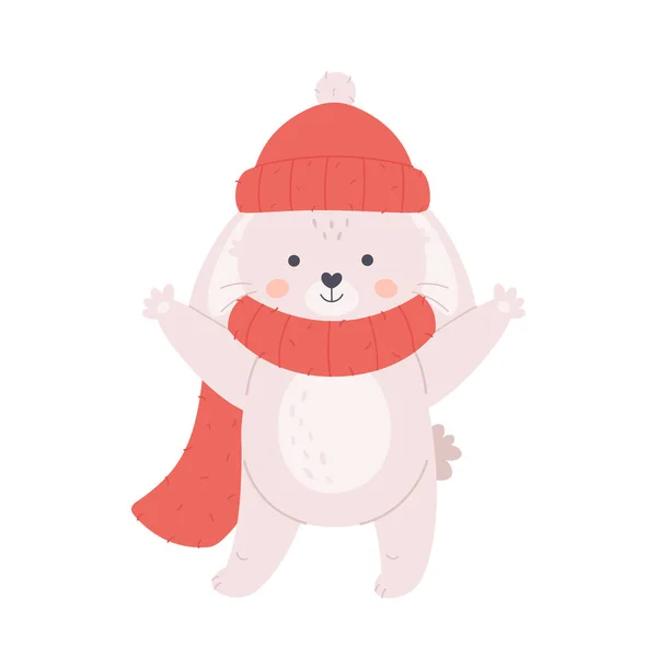 Cute White Bunny Scarf Hat Hello Winter Wintertime Year Rabbit — Archivo Imágenes Vectoriales