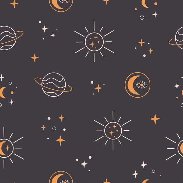 Seamless Pattern Astrological Astronomical Magician Spiritual Elements Sun Planets Moon —  Vetores de Stock