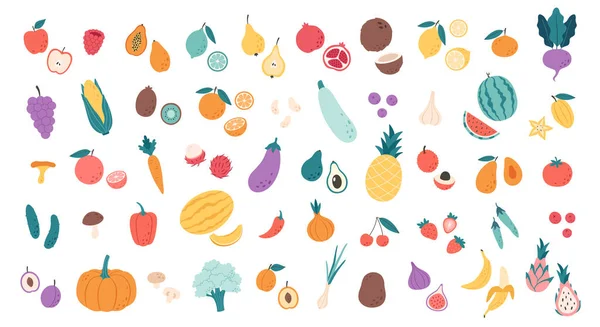 Big set of fruits, vegetables, berries, mushrooms, beans, tropical and exotic fruits. Healthy food, dietetics products, fresh vitamin grocery products. Hand drawn vector illustration