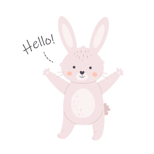 Cute White Bunny Saying Hello Greeting Card Cute Animals Hand — Vettoriale Stock