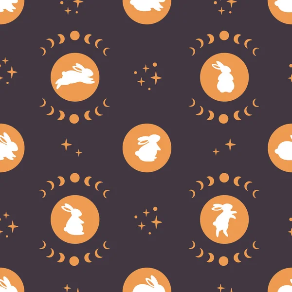 Cute White Bunnies Different Poses Astrological Elements Seamless Pattern Magician — Wektor stockowy