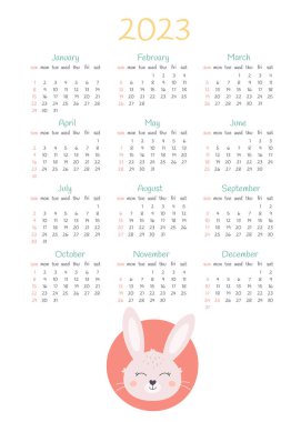 Calendar 2023 design template with cute rabbit. Year of the Rabbit. Sunday start calendar. Vector illustration