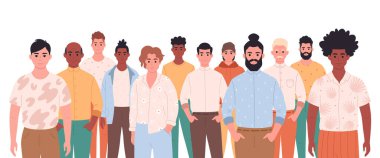 Men of different age, races, appearance. Multicultural society. Social diversity of people in modern society. Fashionable casual outfit. Hand drawn vector illustration