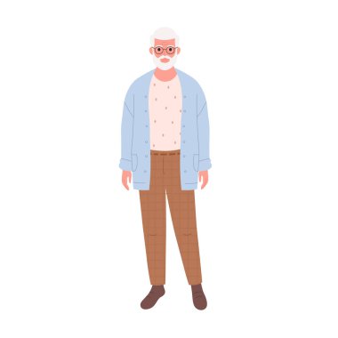 Elderly gray-haired man with beard and mustache in eyewear and stylish fashionable look. Smiling senior grandpa in modern outfit. Retired man. Vector illustration