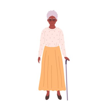 Elderly african american gray-haired woman in eyewear and stylish cloth with cane. Smiling senior granny in modern outfit. Retired woman. Vector illustration