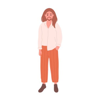 Uzun saçlı, sakallı ve bıyıklı, günlük kıyafetli genç bir adam. Kıyafet. Modaya uygun bir görünüş. Vektör illüstrasyonu