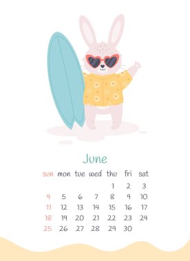 Haziran 2023 takvimi. Sörf tahtası olan şirin bir tavşan, yaz tatili. Tavşan Yılı, 2023 'ün tavşan sembolü. Hafta pazar günü başlıyor..