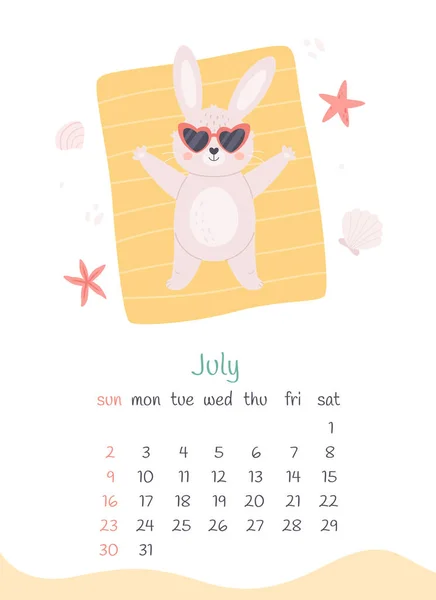 Julio 2023 Calendario Lindo Conejito Gafas Sol Tomando Sol Playa — Vector de stock