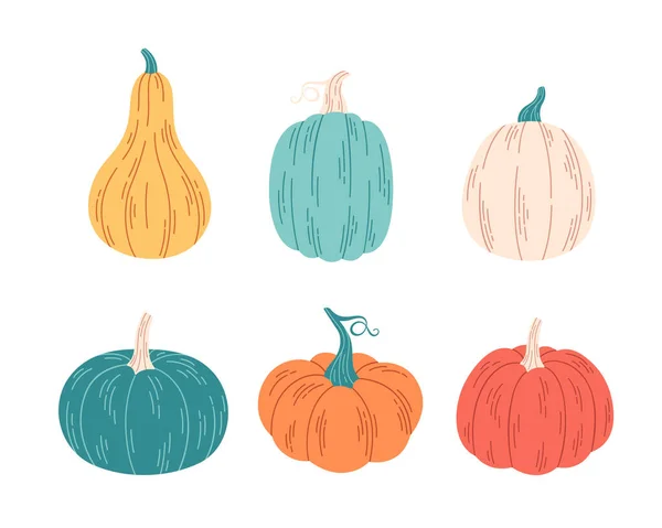 Kürbisse Verschiedenen Farben Und Formen Hallo Herbst Herbsternte Vektorillustration — Stockvektor