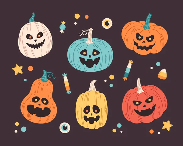 Sbírka Halloweenských Dýní Jack Lucerna Šťastný Halloween Koleda Halloween Prvky — Stockový vektor