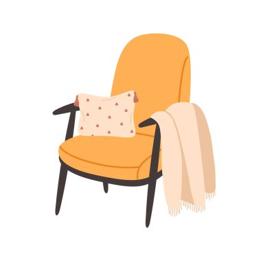 Battaniyeli ve dekoratif yastıklı modern koltuk. Hygge tarzı rahat rahat mobilyalar. Vektör illüstrasyonu