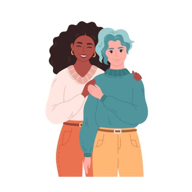 Lezbiyen çift sarılıyor ve gülümsüyor. Sevgili çift birlikte. LGBT çifti, LGBT gururu. Homoseksüel çok ırklı çift. Vektör illüstrasyonu