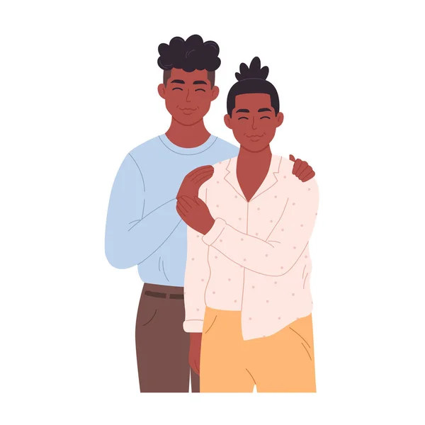 黑人同性恋夫妇拥抱和微笑 亲爱的夫妻在一起 Lgbt家庭 Lgbt自豪 同性男人夫妇 矢量说明 — 图库矢量图片