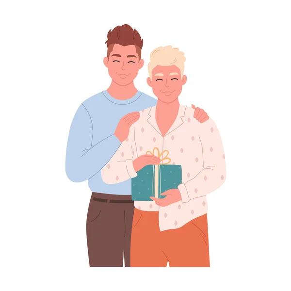 Couple Gay Étreignant Donnant Cadeau Couple Amoureux Avec Cadeau Famille — Image vectorielle