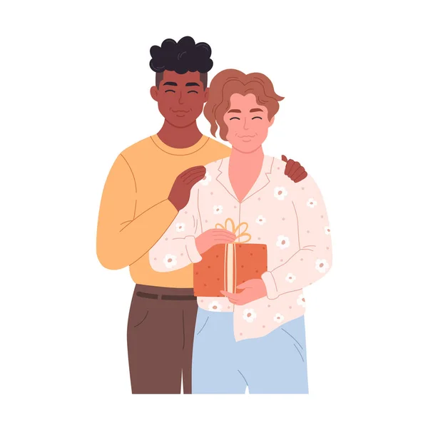 Couple Gay Étreignant Donnant Cadeau Couple Amoureux Avec Cadeau Famille — Image vectorielle