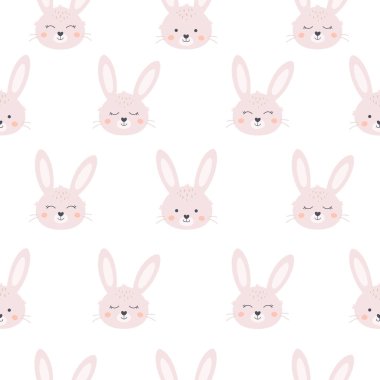 Sevimli beyaz tavşanlar, kusursuz desenler. Tavşan Yılı. Paskalya beyaz tavşanı. Kumaş, tekstil, ambalaj kağıdı için tasarım. Vektör illüstrasyonu