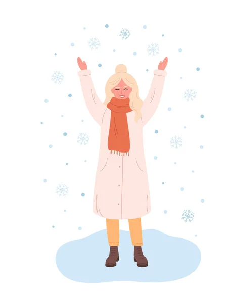 Femme Saluant Saison Hiver Femme Heureuse Jouant Avec Des Flocons — Image vectorielle