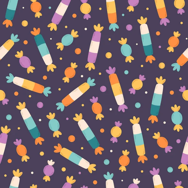お菓子やキャンディーのシームレスなパターン ハロウィンのお菓子 トリックや治療 紙のためのフラット 手描きのテクスチャ ベクターイラスト — ストックベクタ