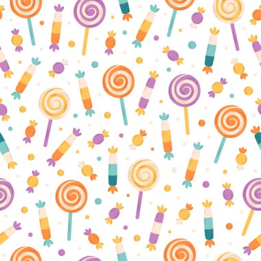 Şekerler ve şekerler kusursuz. Cadılar Bayramı tatlıları. Duvar kağıdı, tekstil, kumaş, kağıt için düz, el yapımı doku. Vektör illüstrasyonu