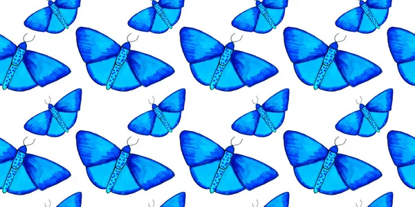 Mano dibujar azul mariposa patrón sin costura —  Fotos de Stock