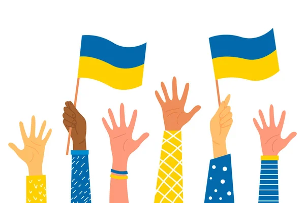 Les Mains Tenant Les Drapeaux Ukraine Concept Pas Guerre Soutien — Image vectorielle