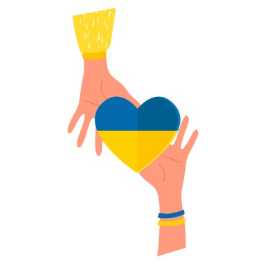 Ukrayna bayrağı renginde bir kalbi tutan eller. Ukrayna 'ya destek. Yardım kavramı. Savaş yok. Vektör düz çizim. İzole edilmiş.