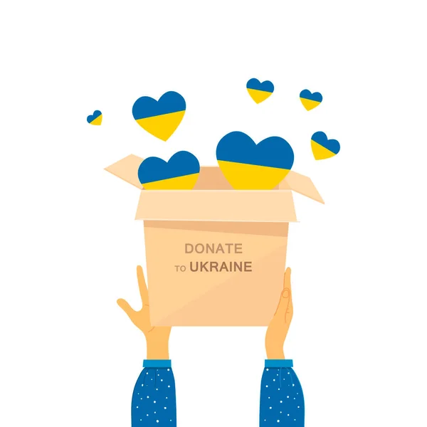 Begreppet överföring av donationer i Ukraina. Hjälp till flyktingar, humanitärt bistånd. Tecknad stil. Vektorillustration. Isolerad. — Stock vektor