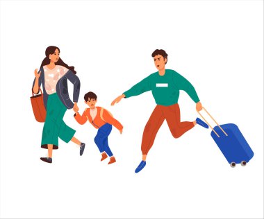 Bombalamalardan kaçıyorlar. - Aile. Pankart, poster. Ukrayna 'da askeri operasyonlar. Savaş tehdidi kavramı. Vektör düz stil. İzole edilmiş.