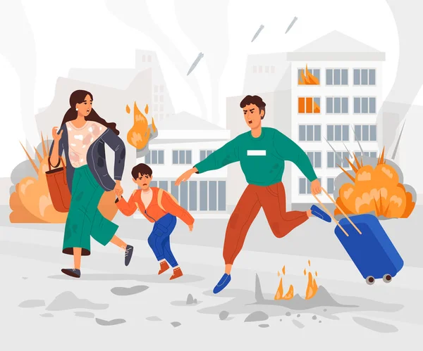 People are fleeing the bombings. Family. Banner, poster. Military operations in Ukraine. The concept of the threat of war. City on fire. Explosions, rockets, bombs, fires. Stop the war. Vector flat — Stok Vektör