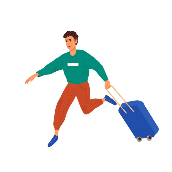 A man with a suitcase runs from the bombing. Panic. Banner, poster. Military operations in Ukraine. The concept of the threat of war. Vector flat style. Isolated.