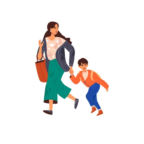 A mother and son are fleeing the bombings. Family. Panic. Banner, poster. Military operations in Ukraine. The concept of the threat of war. Vector flat style. Isolated. — Vector de stock